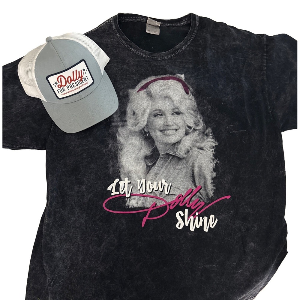 Dolly Parton Fan Pack BLK Distressed T Shirt & Trucker Hat "Dolly4President" XL